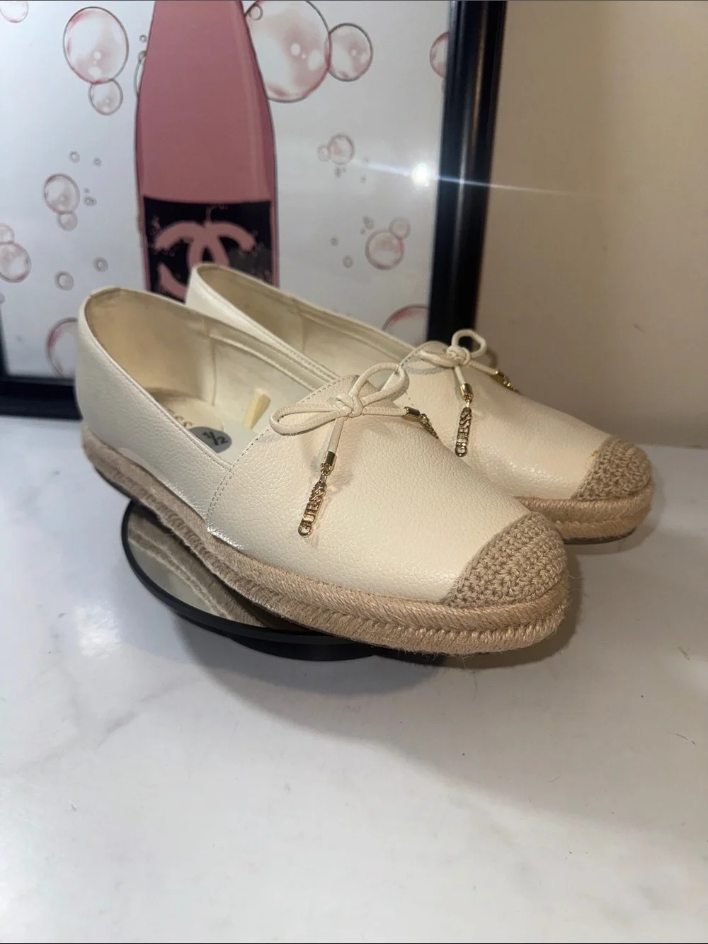 Guess Cream Leather Espadrille Loafers with Gold Guess Charm - Women’s Size 9.5M